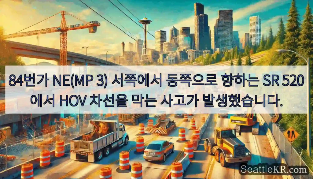84번가 NE(MP 3) 서쪽에서 동쪽으로 향하는 SR 520에서 HOV 차선을 막는