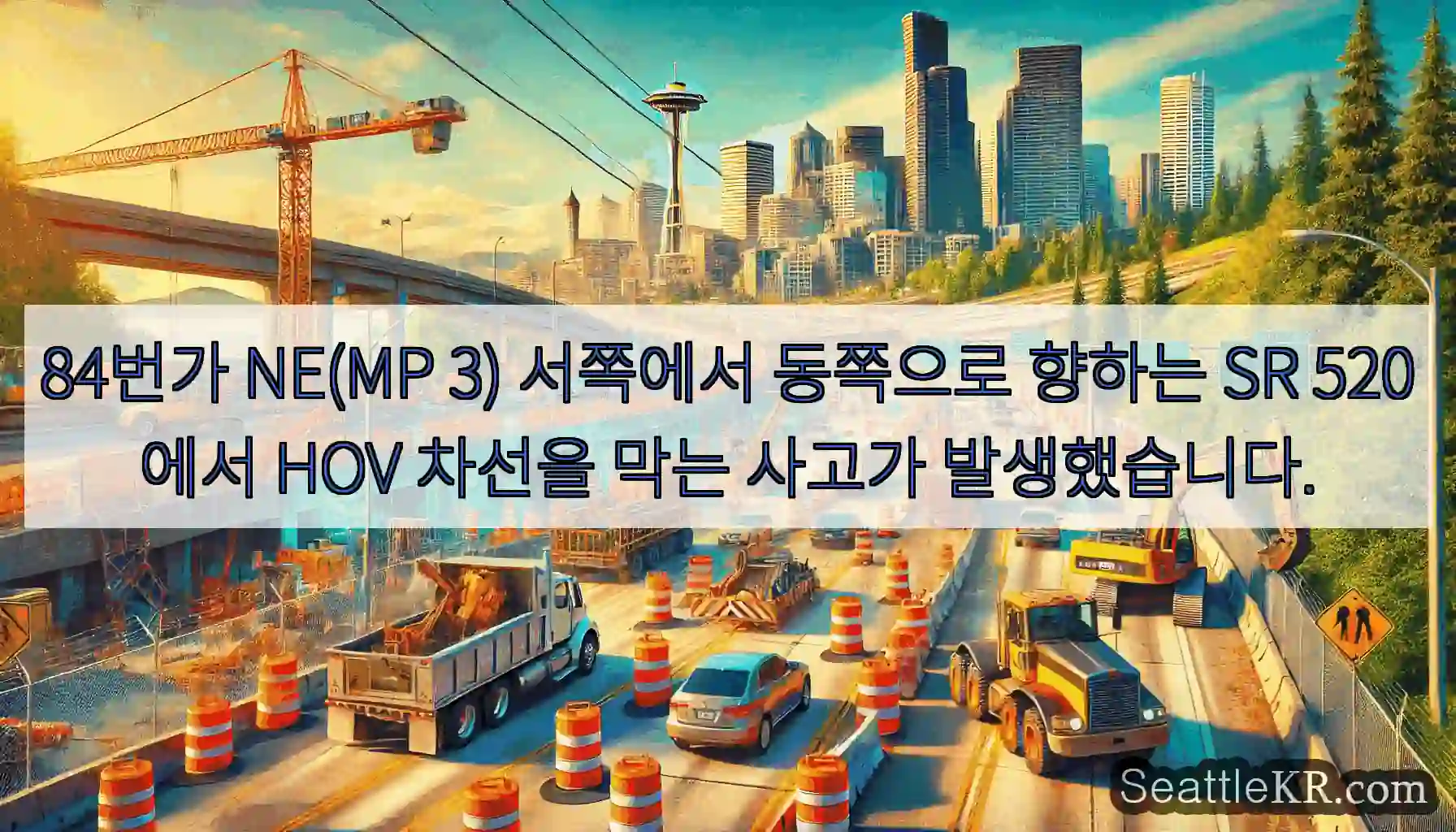 84번가 NE(MP 3) 서쪽에서 동쪽으로 향하는 SR 520에서 HOV 차선을 막는