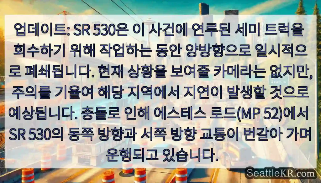 업데이트: SR 530은 이 사건에 연루된 세미 트럭을 회수하기 위해 작업하는 동안