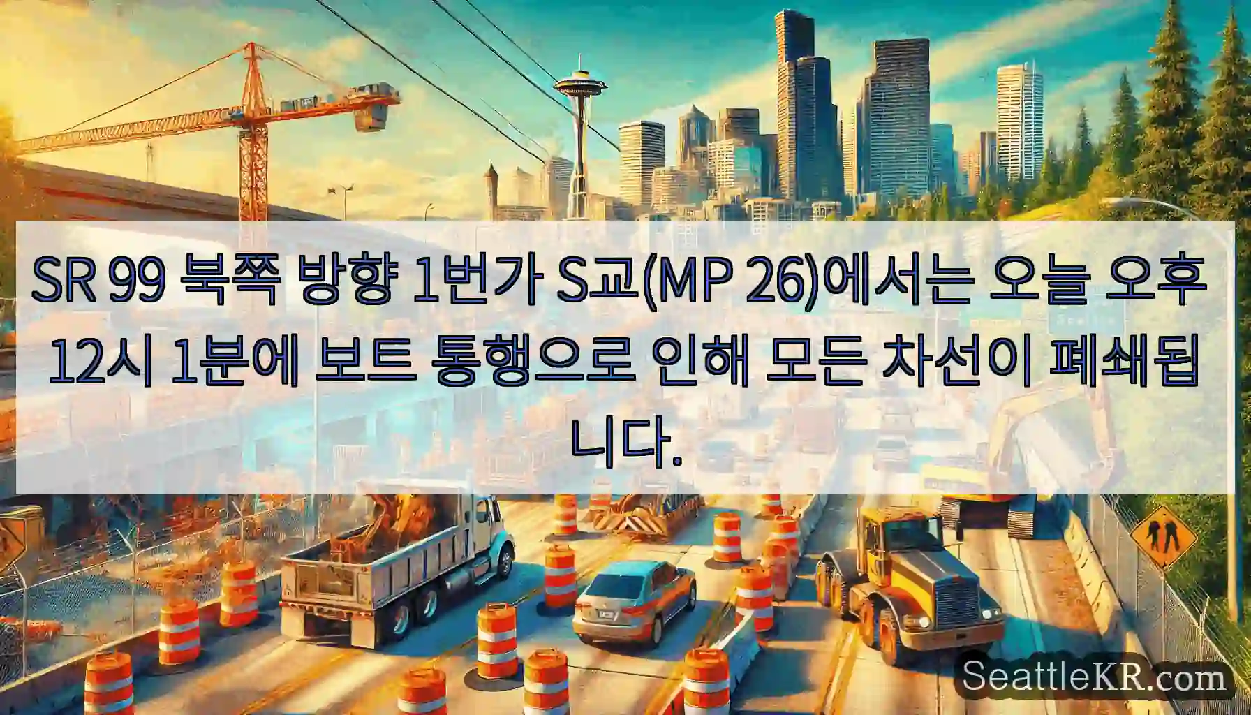 SR 99 북쪽 방향 1번가 S교(MP 26)에서는 오늘 오후 12시 1분에 보트