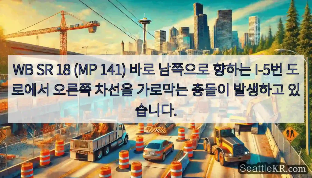 WB SR 18 (MP 141) 바로 남쪽으로 향하는 I-5번 도로에서 오른쪽 차선을