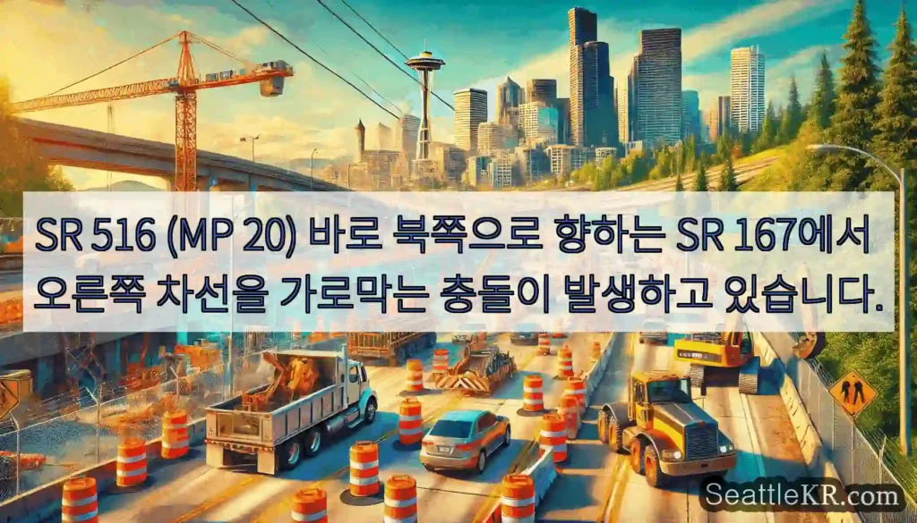 SR 516 (MP 20) 바로 북쪽으로 향하는 SR 167에서 오른쪽 차선을 가로막는
