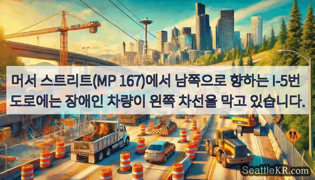 머서 스트리트(MP 167)에서 남쪽으로 향하는 I-5번 도로에는 장애인 차량이 왼쪽
