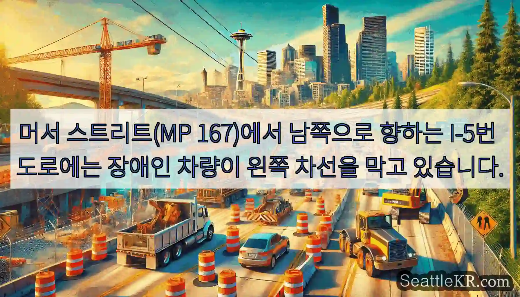 머서 스트리트(MP 167)에서 남쪽으로 향하는 I-5번 도로에는 장애인 차량이 왼쪽