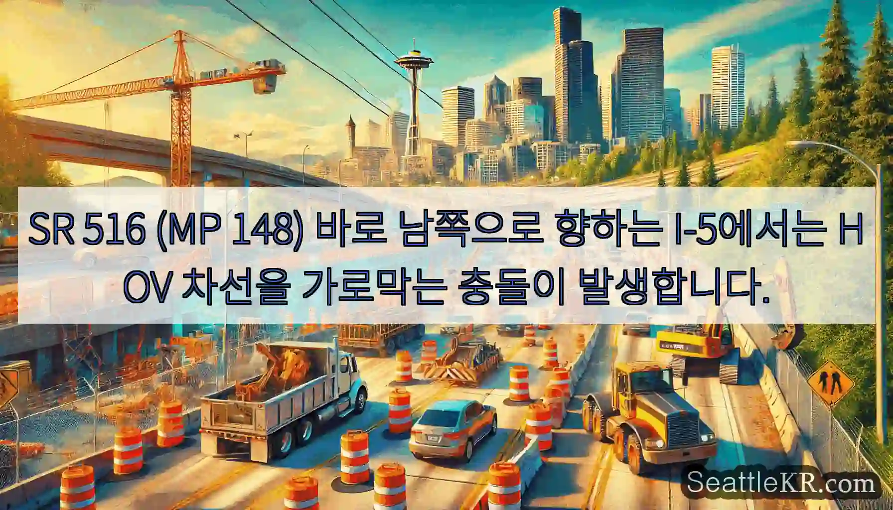 SR 516 (MP 148) 바로 남쪽으로 향하는 I-5에서는 HOV 차선을 가로막는