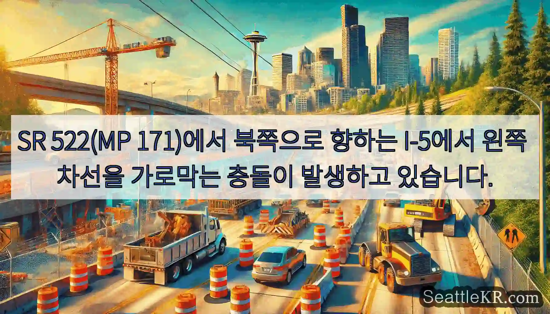 SR 522(MP 171)에서 북쪽으로 향하는 I-5에서 왼쪽 차선을 가로막는 충돌이