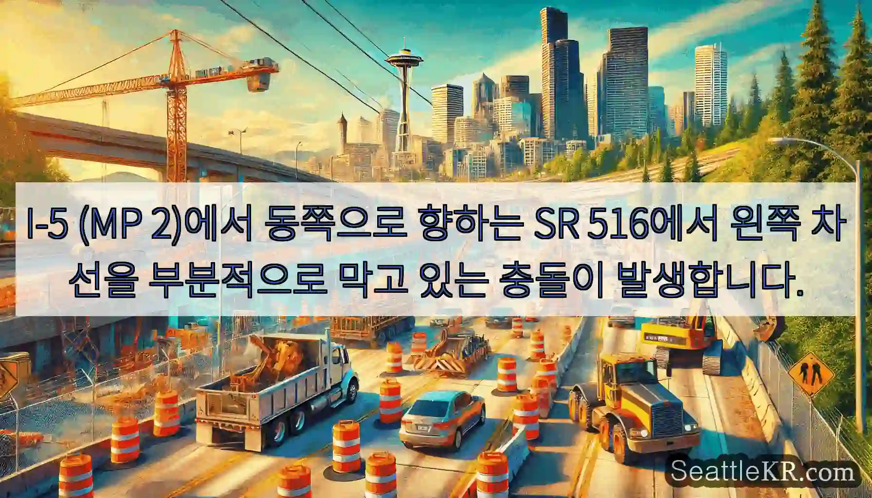 I-5 (MP 2)에서 동쪽으로 향하는 SR 516에서 왼쪽 차선을 부분적으로 막고 있는