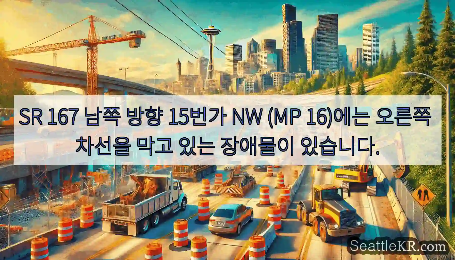 SR 167 남쪽 방향 15번가 NW (MP 16)에는 오른쪽 차선을 막고 있는 장애물이