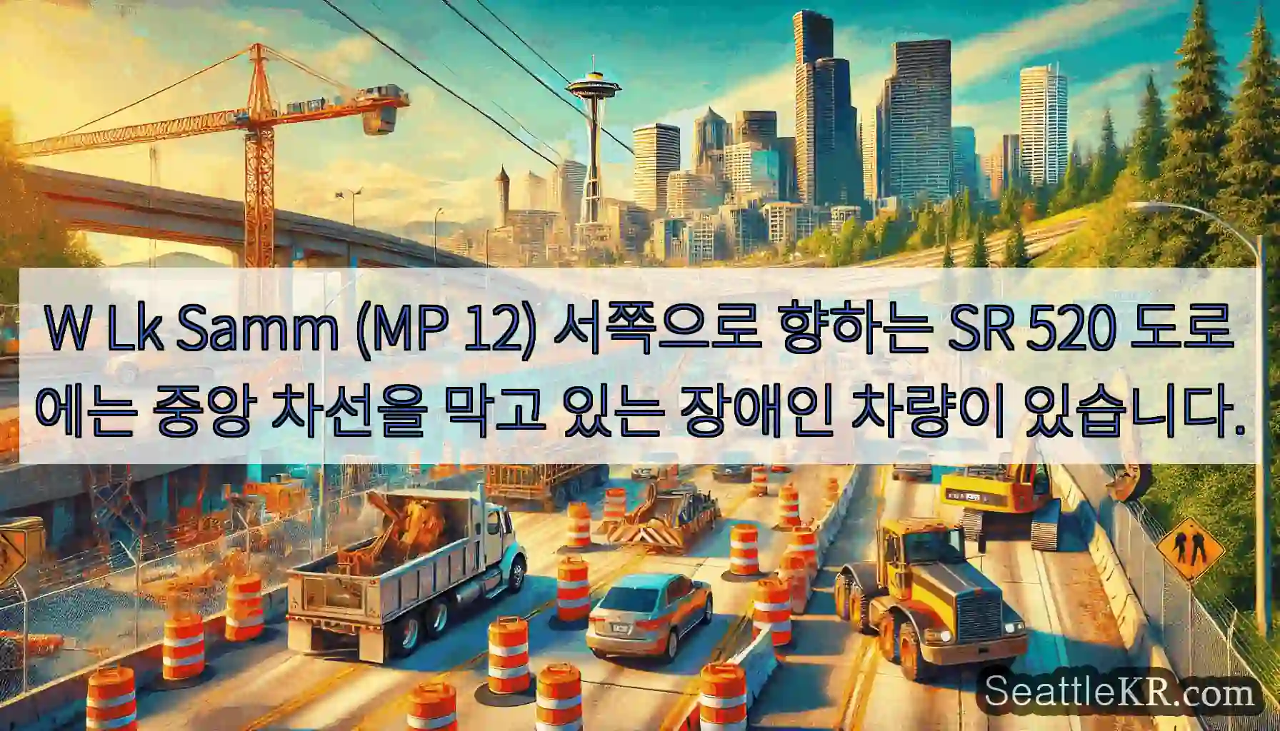 W Lk Samm (MP 12) 서쪽으로 향하는 SR 520 도로에는 중앙 차선을 막고