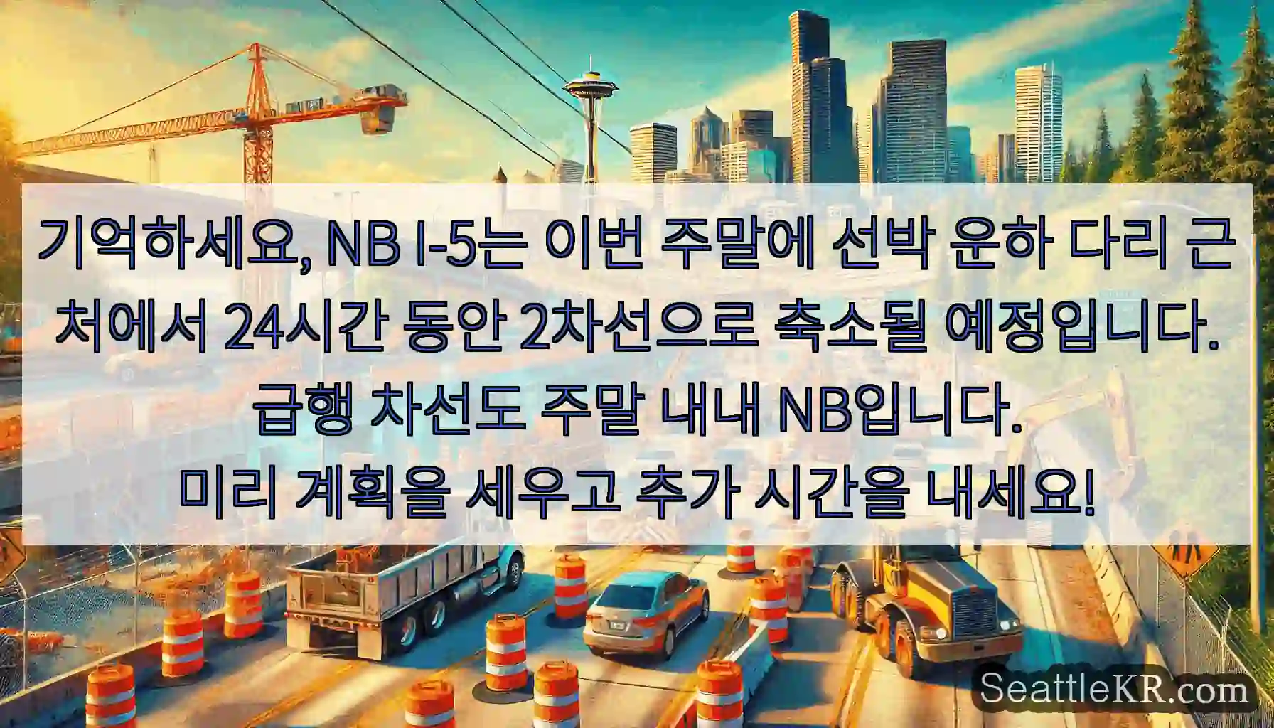 기억하세요, NB I-5는 이번 주말에 선박 운하 다리 근처에서 24시간 동안 2차선으로