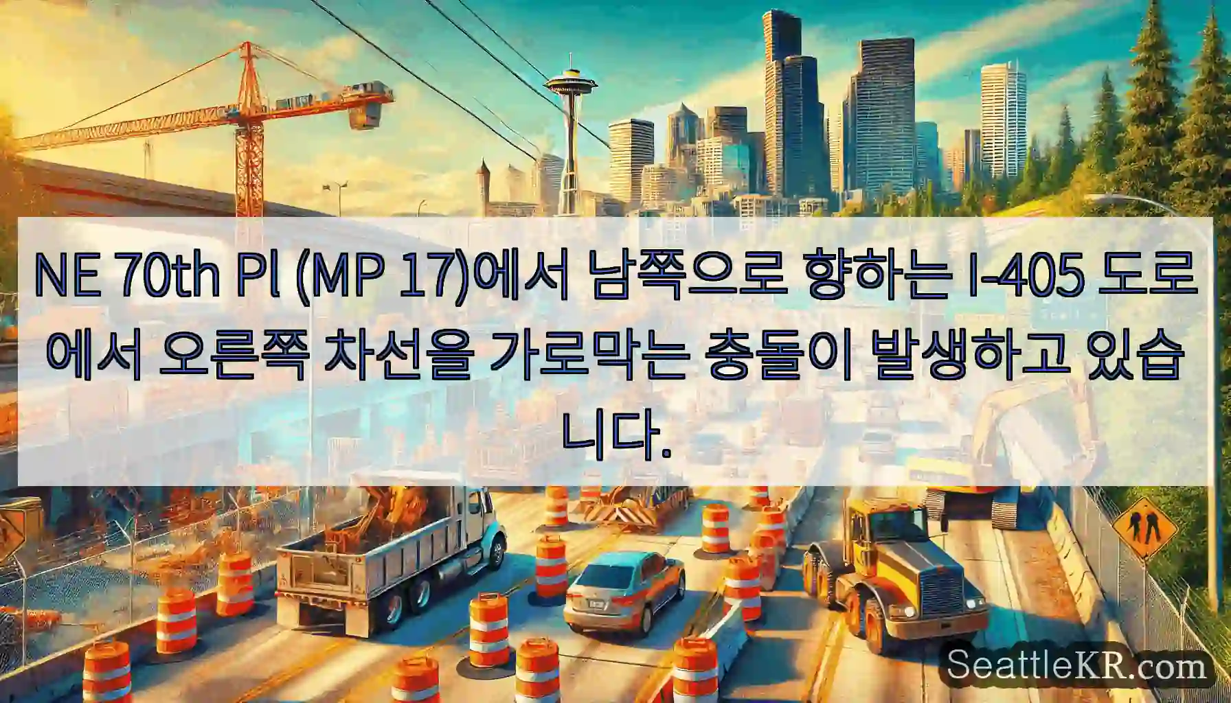 NE 70th Pl (MP 17)에서 남쪽으로 향하는 I-405 도로에서 오른쪽 차선을