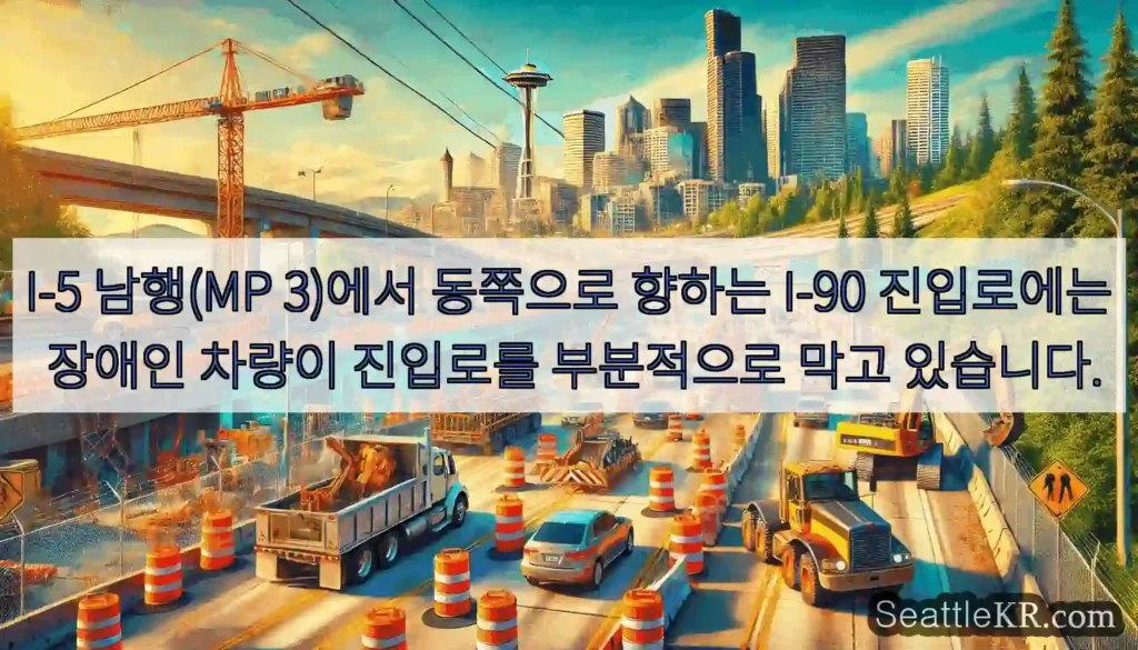 I-5 남행(MP 3)에서 동쪽으로 향하는 I-90 진입로에는 장애인 차량이 진입로를