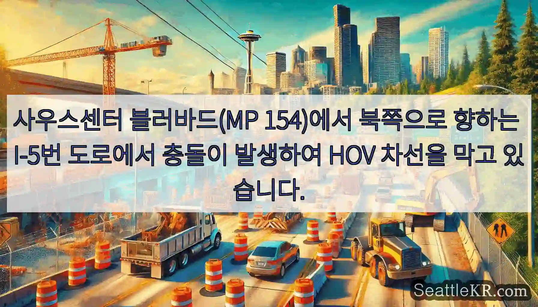 사우스센터 블러바드(MP 154)에서 북쪽으로 향하는 I-5번 도로에서 충돌이 발생하여