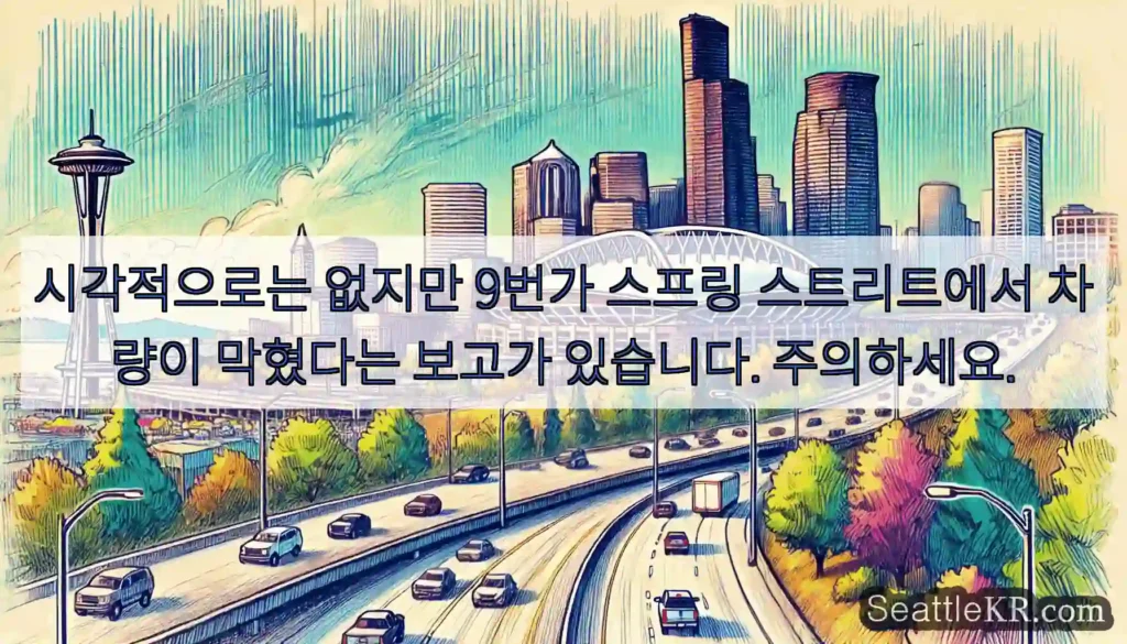 시각적으로는 없지만 9번가 스프링 스트리트에서 차량이 막혔다는 보고가 있습니다.