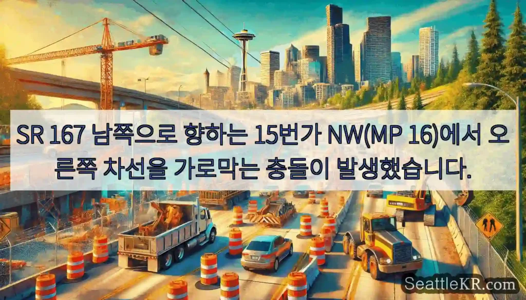 SR 167 남쪽으로 향하는 15번가 NW(MP 16)에서 오른쪽 차선을 가로막는 충돌이
