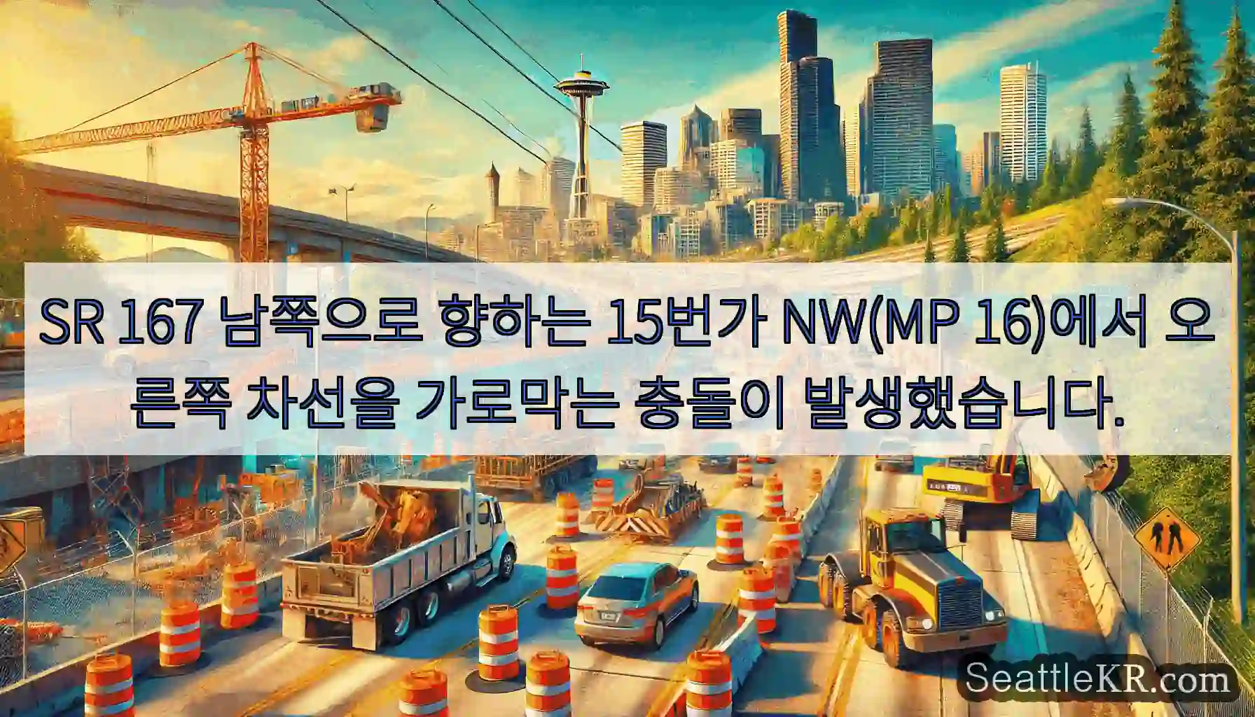 SR 167 남쪽으로 향하는 15번가 NW(MP 16)에서 오른쪽 차선을 가로막는 충돌이