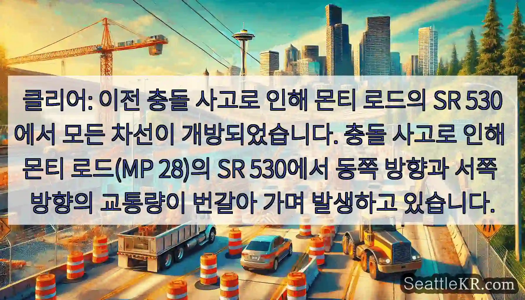 클리어: 이전 충돌 사고로 인해 몬티 로드의 SR 530에서 모든 차선이 개방되었습니다.