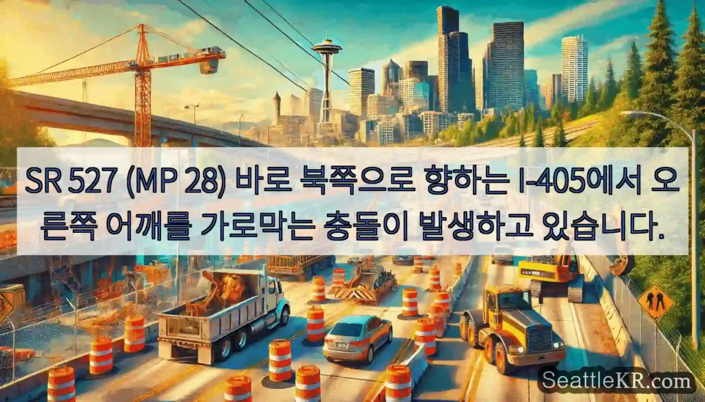 SR 527 (MP 28) 바로 북쪽으로 향하는 I-405에서 오른쪽 어깨를 가로막는