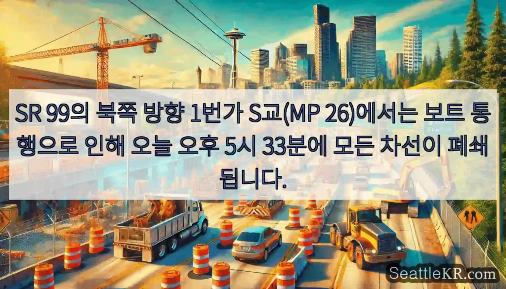 SR 99의 북쪽 방향 1번가 S교(MP 26)에서는 보트 통행으로 인해 오늘 오후 5시