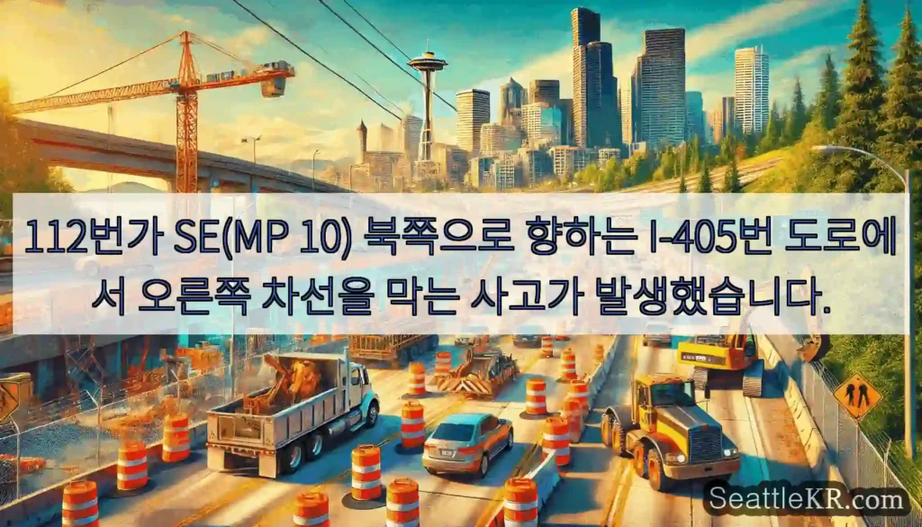 112번가 SE(MP 10) 북쪽으로 향하는 I-405번 도로에서 오른쪽 차선을 막는