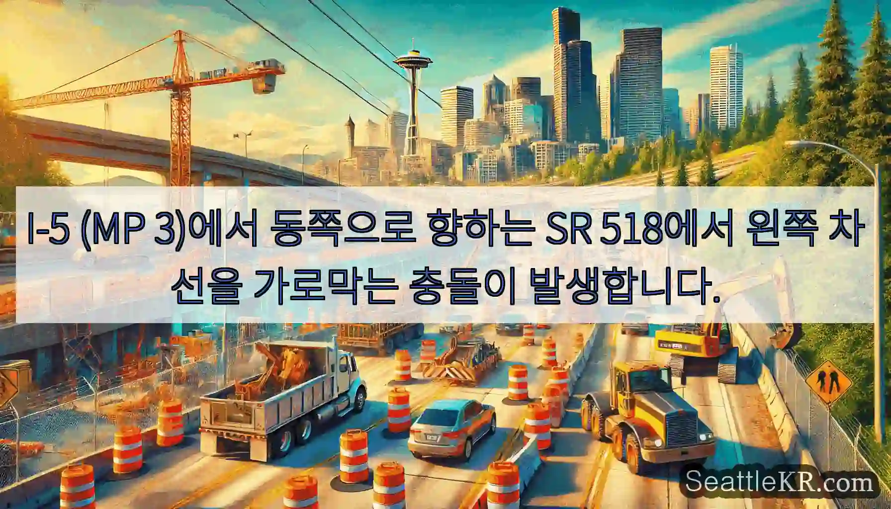 I-5 (MP 3)에서 동쪽으로 향하는 SR 518에서 왼쪽 차선을 가로막는 충돌이