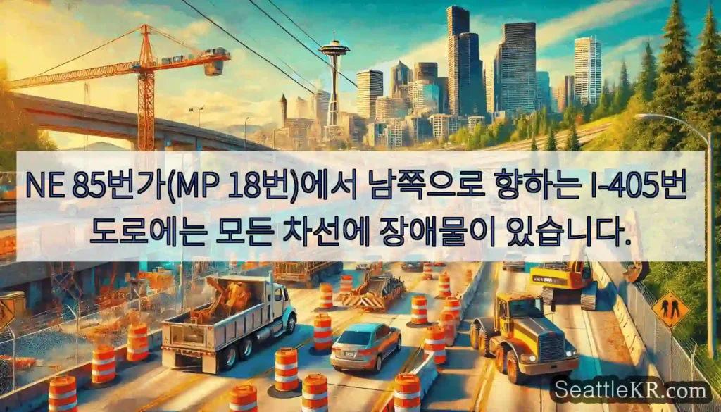 NE 85번가(MP 18번)에서 남쪽으로 향하는 I-405번 도로에는 모든 차선에