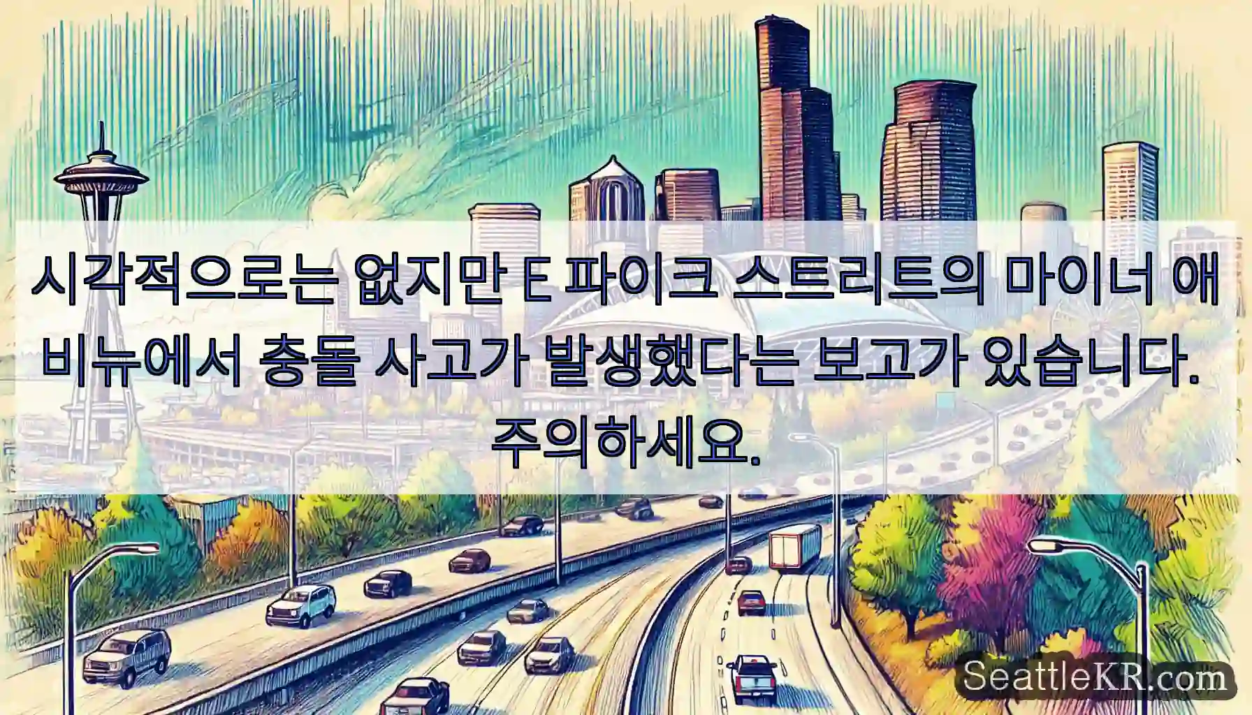 시각적으로는 없지만 E 파이크 스트리트의 마이너 애비뉴에서 충돌 사고가 발생했다는 보고가