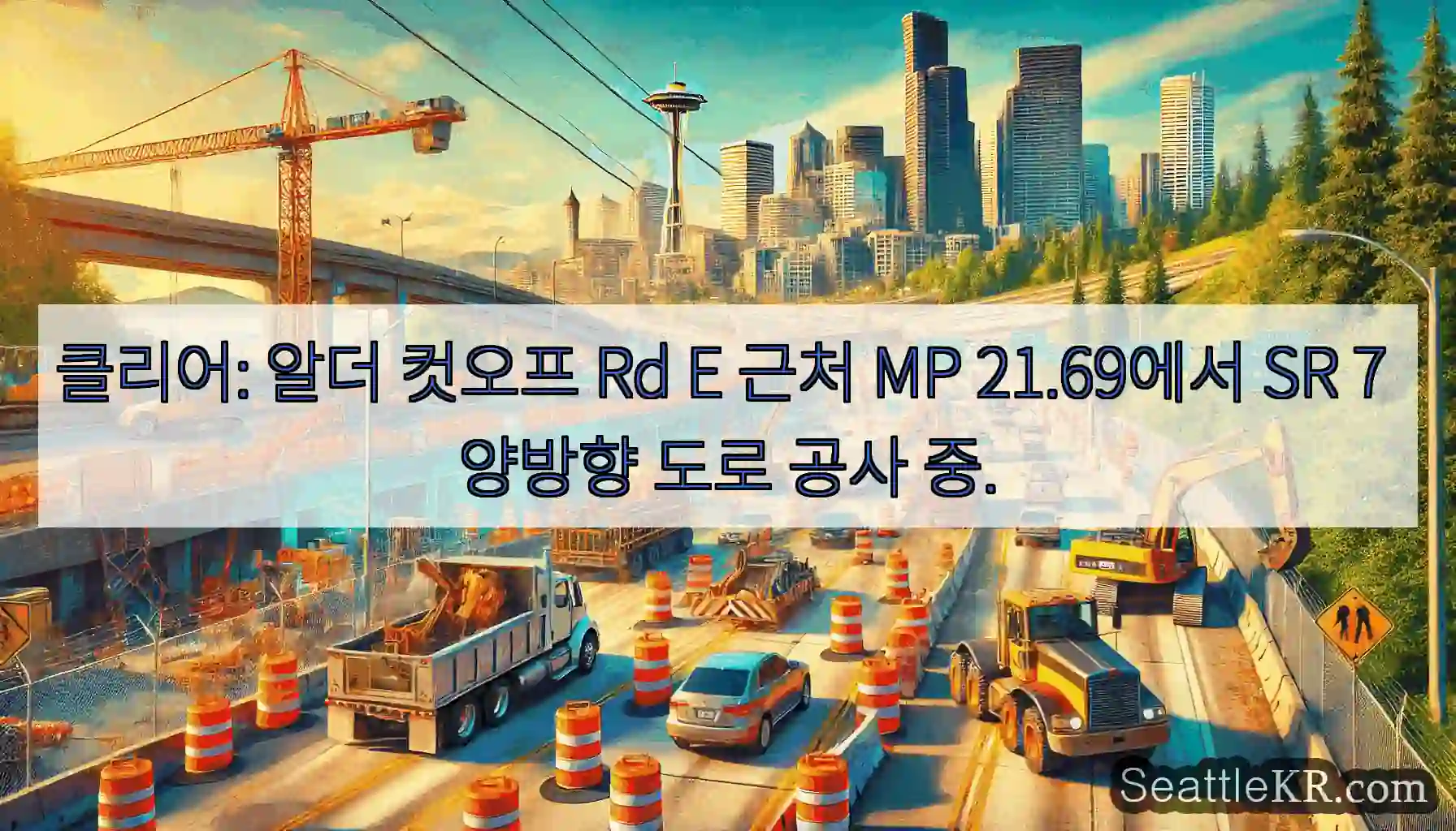 클리어: 알더 컷오프 Rd E 근처 MP 21.69에서 SR 7 양방향 도로 공사 중.