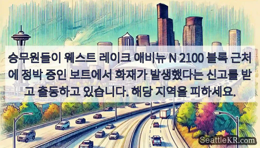 승무원들이 웨스트 레이크 애비뉴 N 2100 블록 근처에 정박 중인 보트에서 화재가