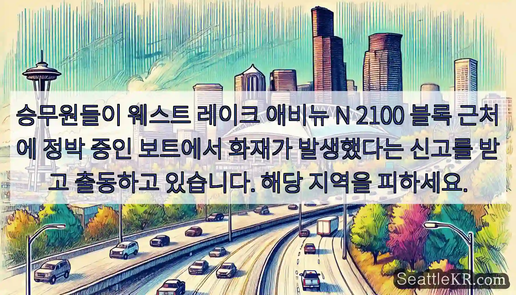 승무원들이 웨스트 레이크 애비뉴 N 2100 블록 근처에 정박 중인 보트에서 화재가