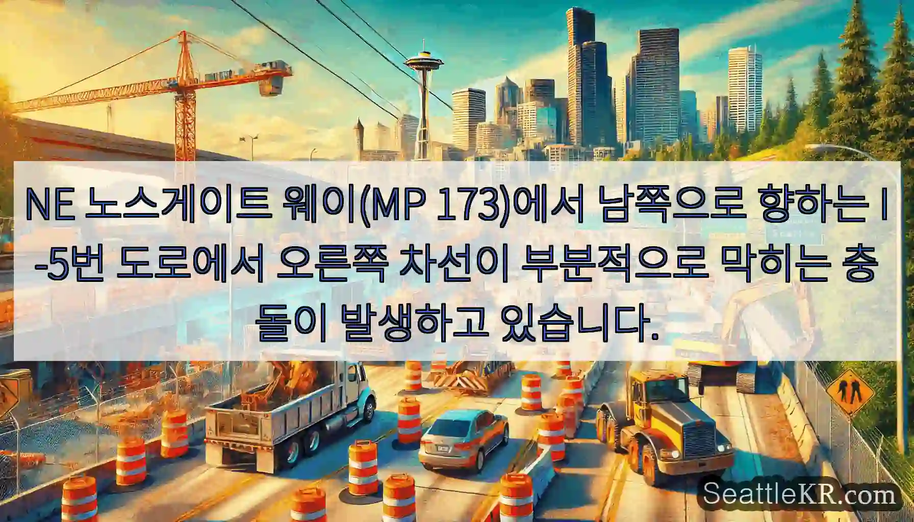 NE 노스게이트 웨이(MP 173)에서 남쪽으로 향하는 I-5번 도로에서 오른쪽 차선이