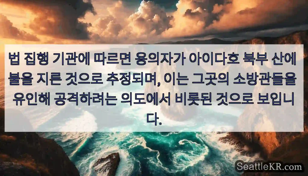 법 집행 기관에 따르면 용의자가 아이다호 북부 산에 불을 지른 것으로 추정되며, 이는