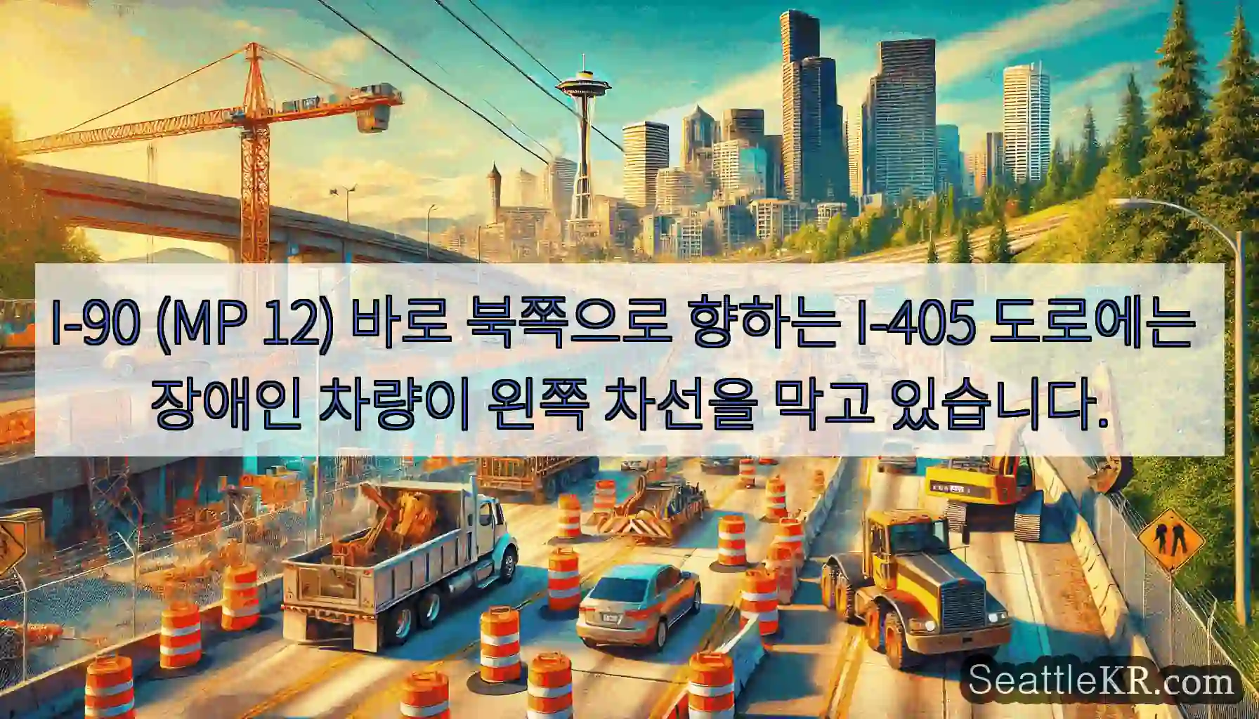 I-90 (MP 12) 바로 북쪽으로 향하는 I-405 도로에는 장애인 차량이 왼쪽