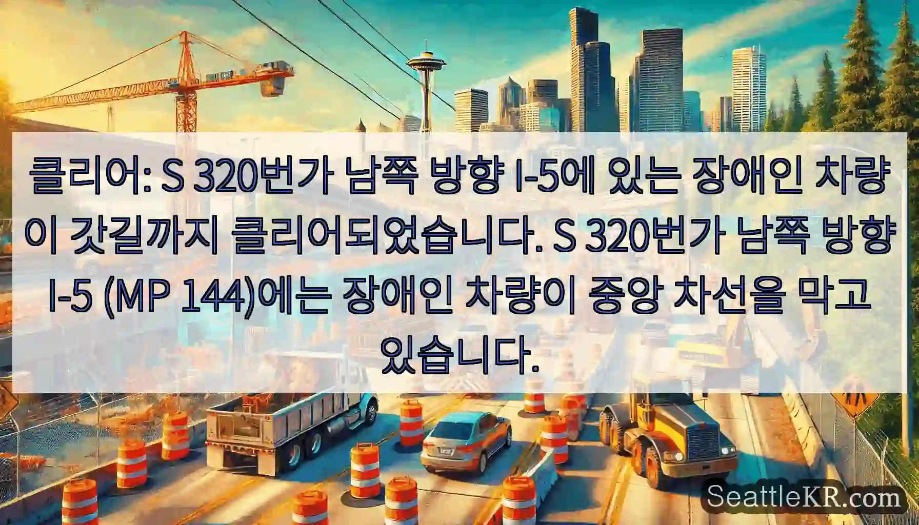 클리어: S 320번가 남쪽 방향 I-5에 있는 장애인 차량이 갓길까지 클리어되었습니다.