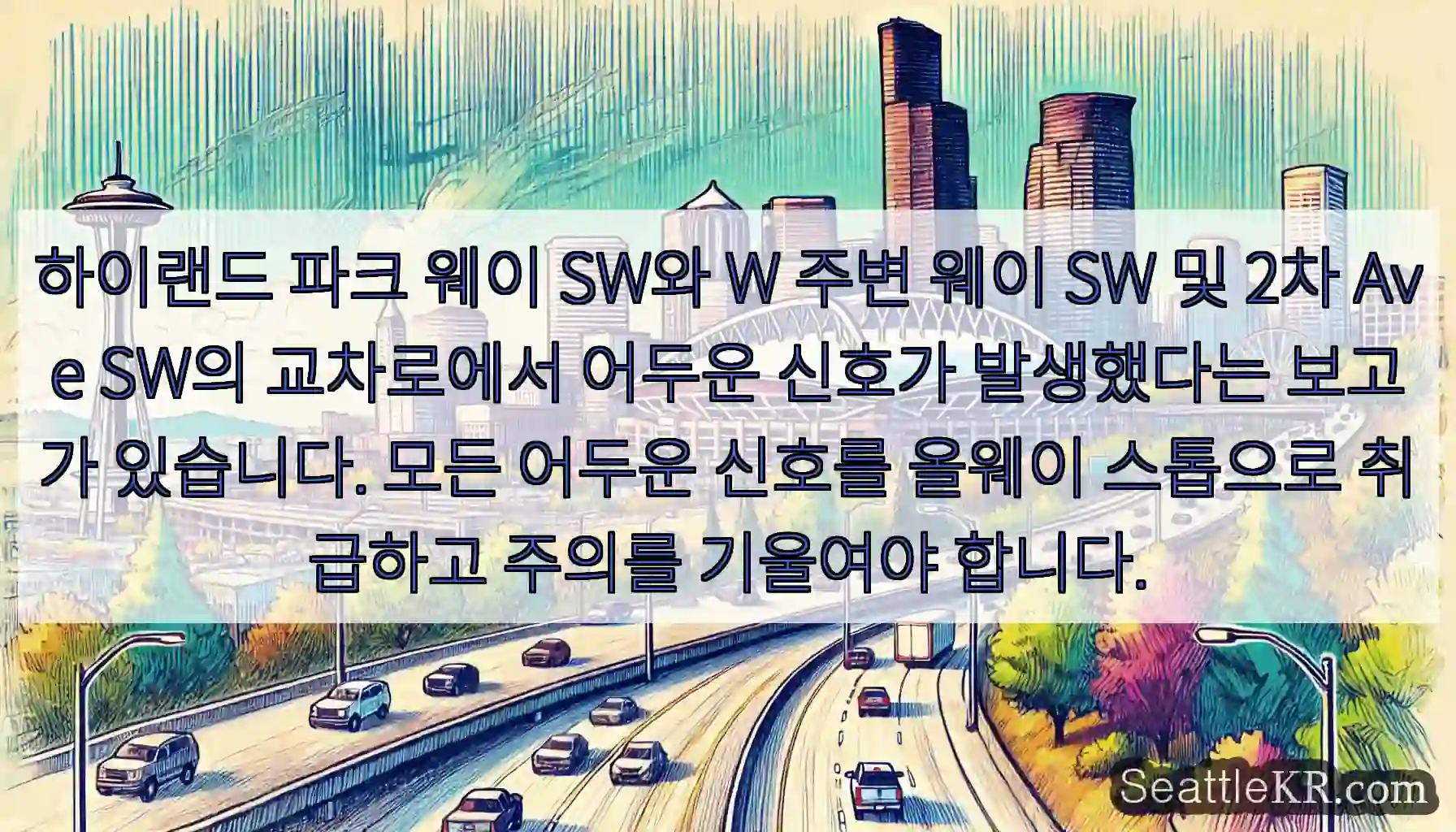 하이랜드 파크 웨이 SW와 W 주변 웨이 SW 및 2차 Ave SW의 교차로에서 어두운