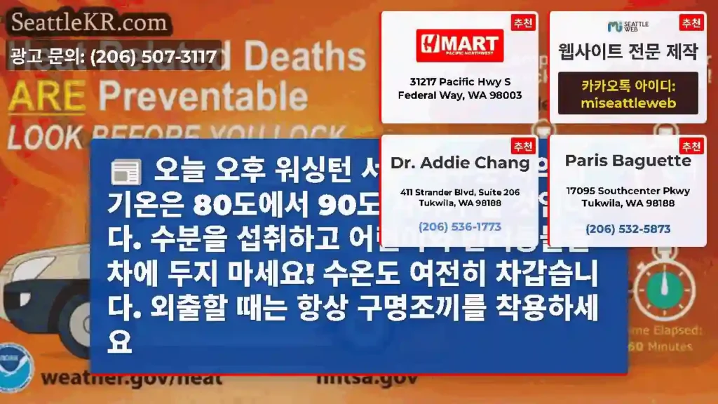 오늘 오후 워싱턴 서부 대부분 지역의 기온은 80도에서 90도 사이가 될 것입니다.