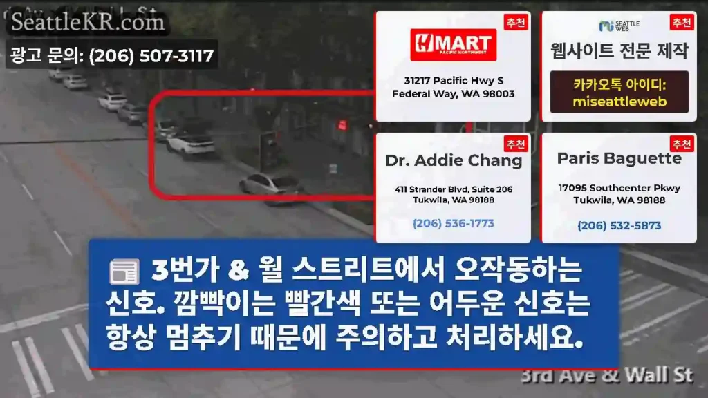 3번가 & 월 스트리트에서 오작동하는 신호. 깜빡이는 빨간색 또는 어두운 신호는 항상