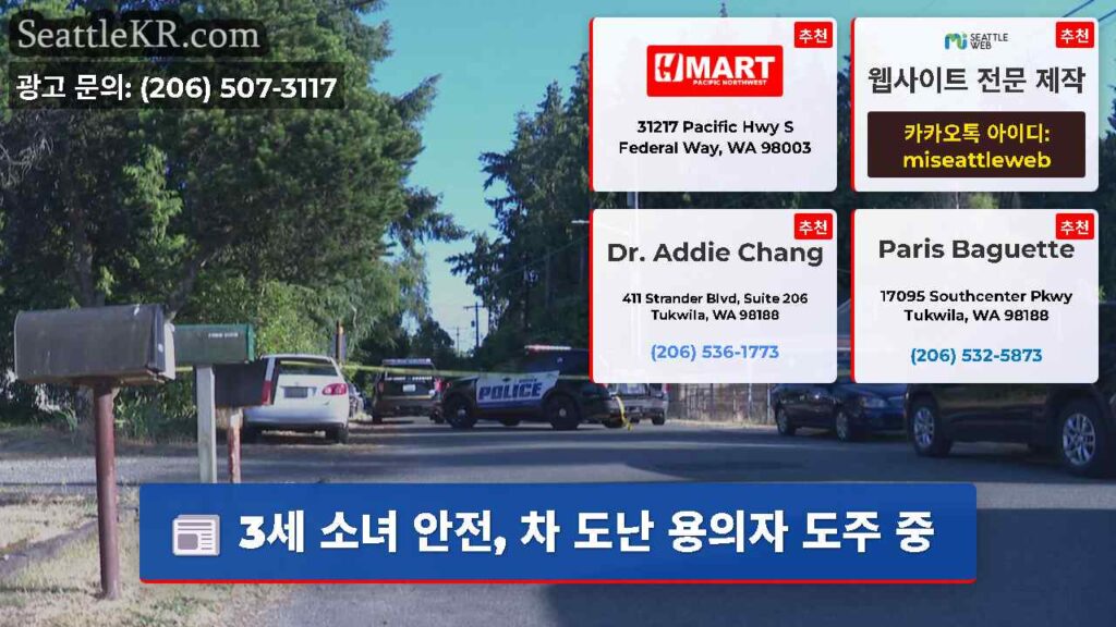 3세 소녀 안전, 차 도난 용의자 도주 중