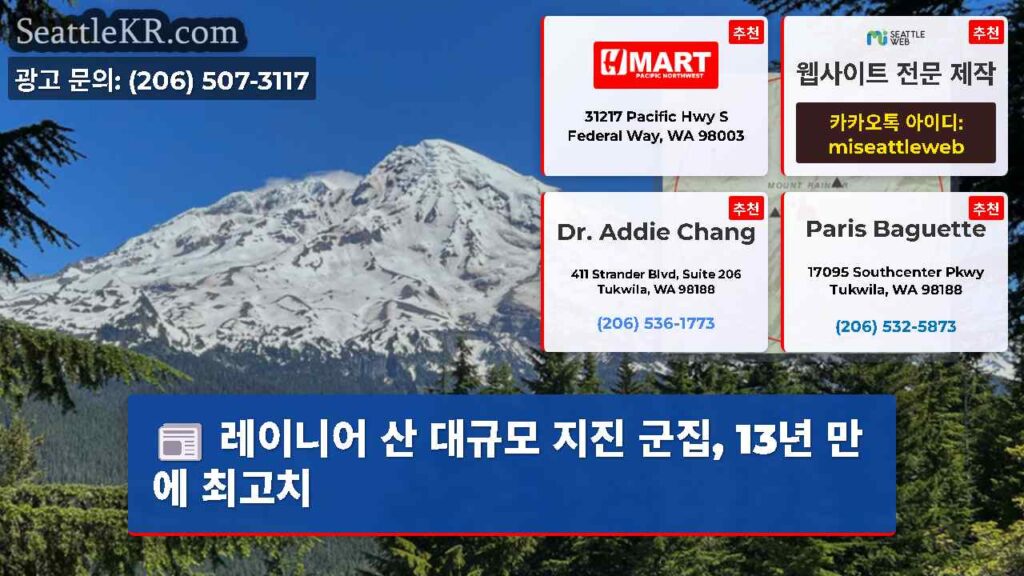 레이니어 산 대규모 지진 군집, 13년 만에 최고치