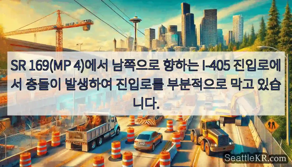 SR 169(MP 4)에서 남쪽으로 향하는 I-405 진입로에서 충돌이 발생하여 진입로를