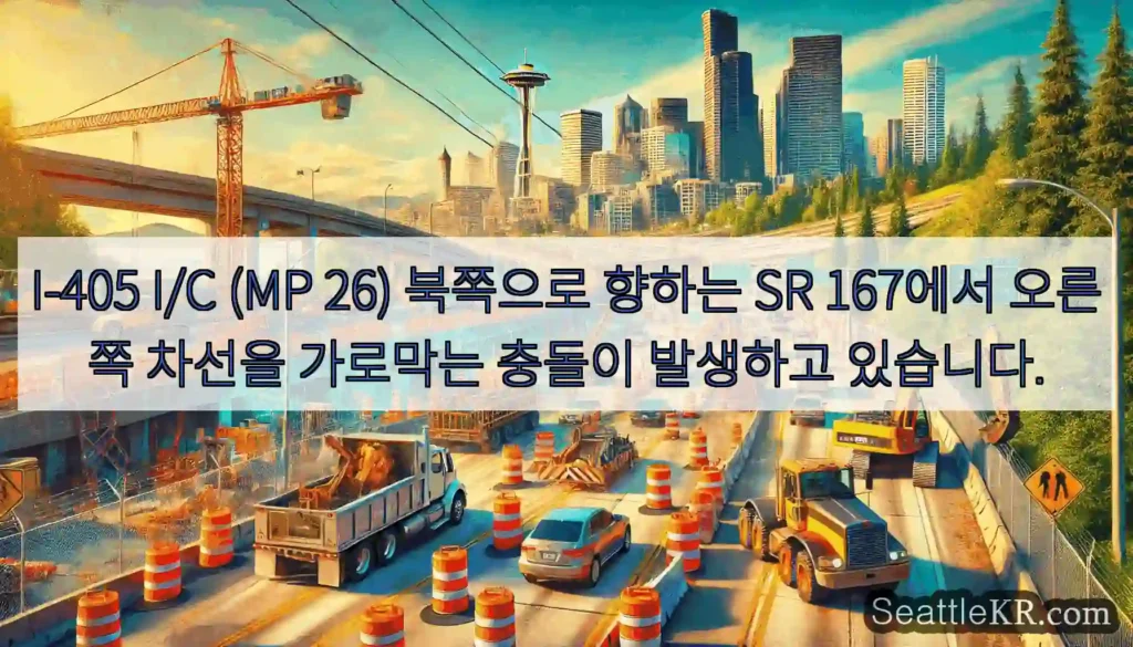 I-405 I/C (MP 26) 북쪽으로 향하는 SR 167에서 오른쪽 차선을 가로막는