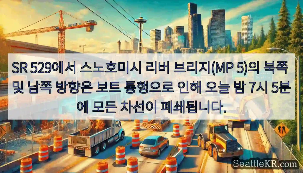 SR 529에서 스노호미시 리버 브리지(MP 5)의 북쪽 및 남쪽 방향은 보트 통행으로