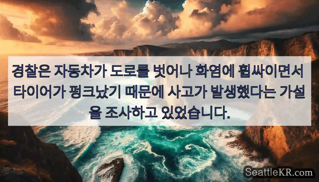 경찰은 자동차가 도로를 벗어나 화염에 휩싸이면서 타이어가 펑크났기 때문에 사고가