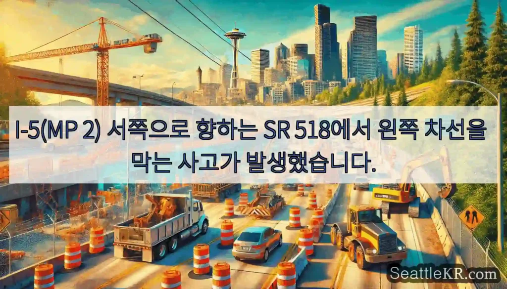 I-5(MP 2) 서쪽으로 향하는 SR 518에서 왼쪽 차선을 막는 사고가 발생했습니다.