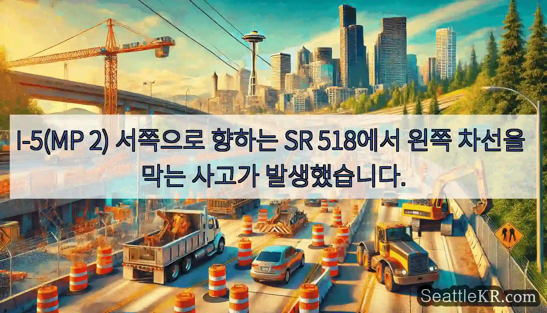 I-5(MP 2) 서쪽으로 향하는 SR 518에서 왼쪽 차선을 막는 사고가 발생했습니다.