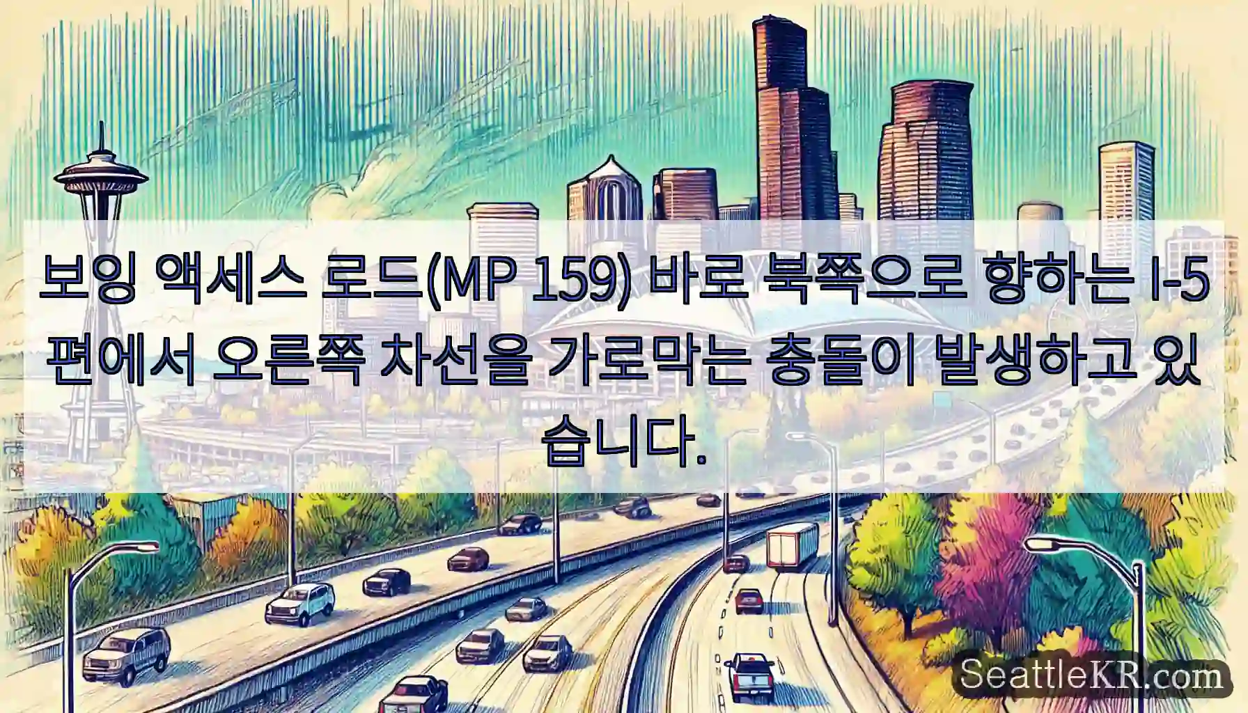 보잉 액세스 로드(MP 159) 바로 북쪽으로 향하는 I-5편에서 오른쪽 차선을 가로막는