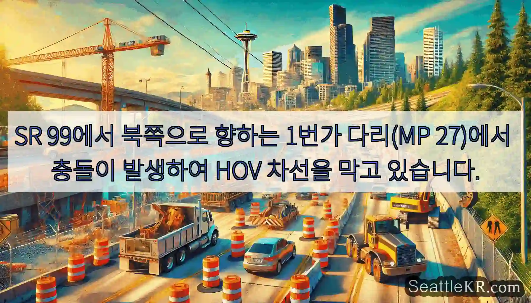 SR 99에서 북쪽으로 향하는 1번가 다리(MP 27)에서 충돌이 발생하여 HOV 차선을