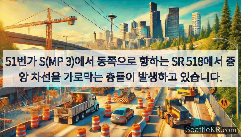 51번가 S(MP 3)에서 동쪽으로 향하는 SR 518에서 중앙 차선을 가로막는 충돌이