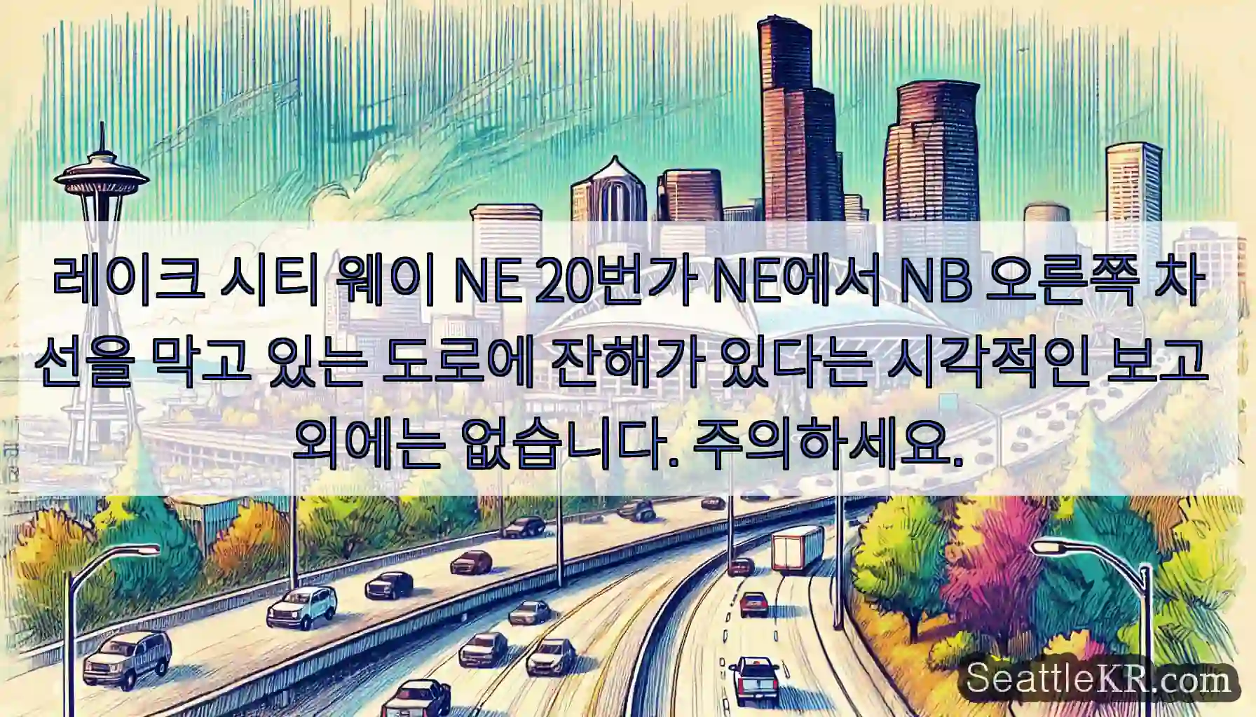 레이크 시티 웨이 NE 20번가 NE에서 NB 오른쪽 차선을 막고 있는 도로에 잔해가