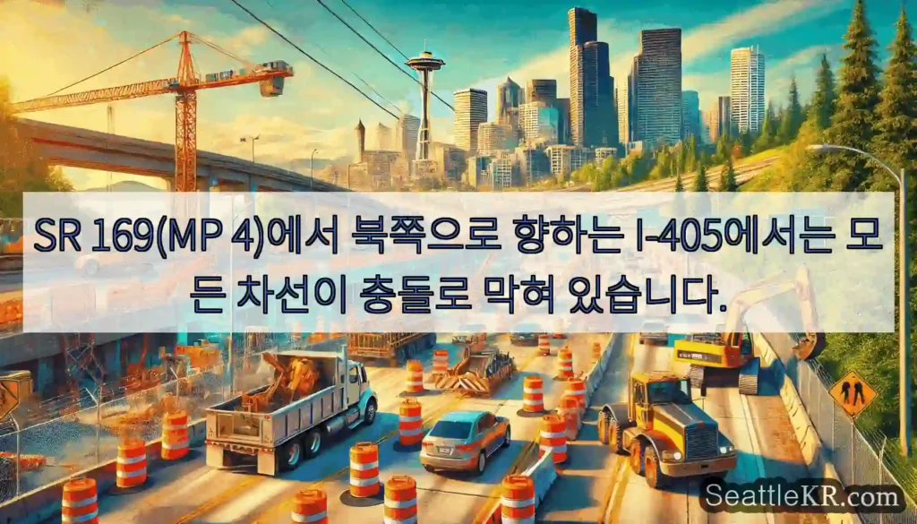SR 169(MP 4)에서 북쪽으로 향하는 I-405에서는 모든 차선이 충돌로 막혀